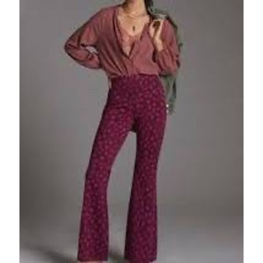 Maeve Anthropologie Purple Pink Leopard Print Pull On Flare Pants XS
